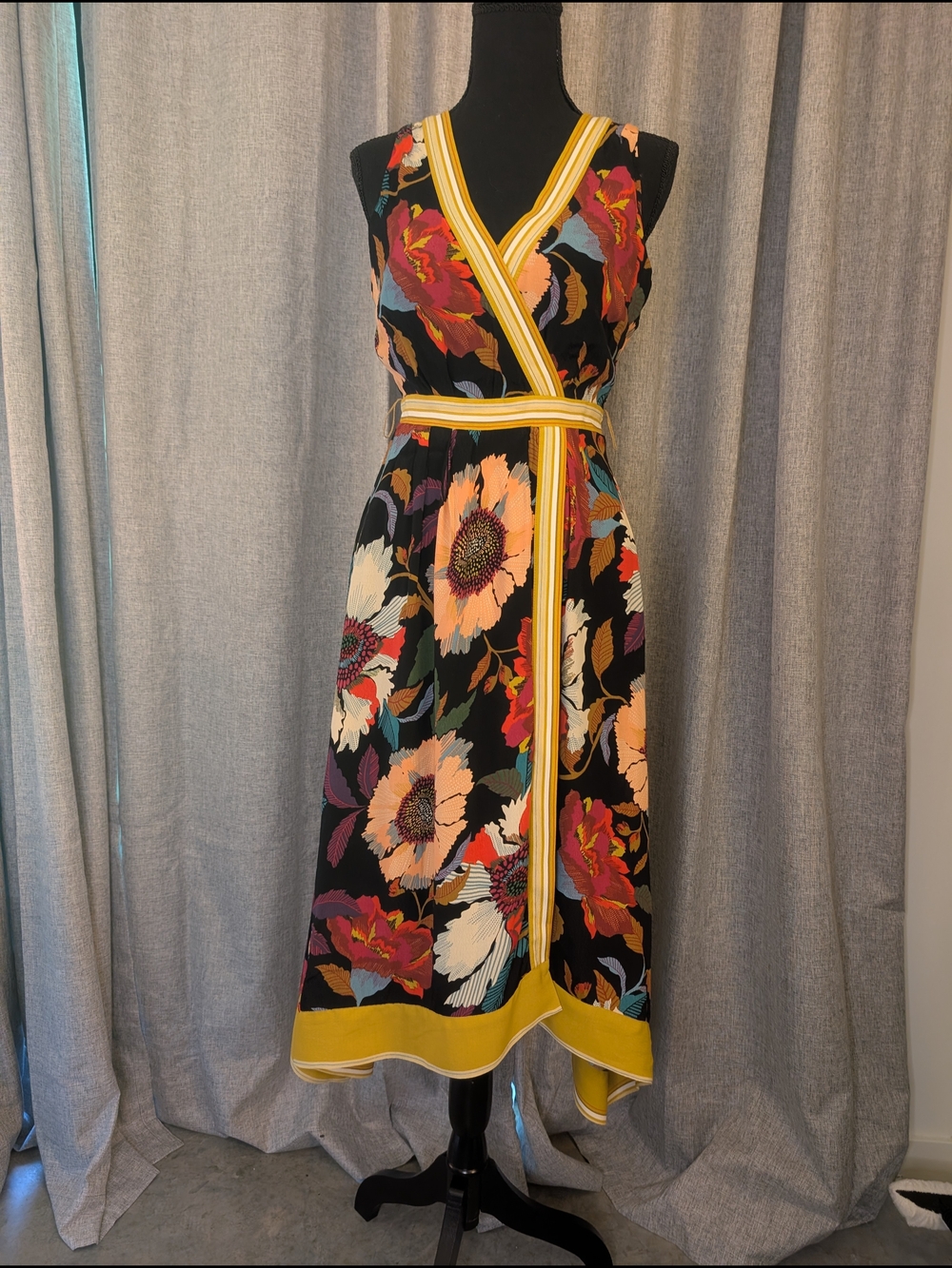 Anthropologie Botanica Floral Faux-Wrap Midi Dress with Yellow Trim